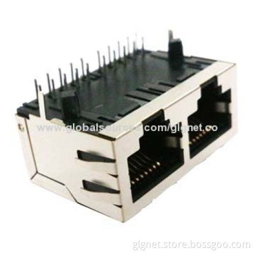 RJ45 Connector with Transformer, 1X2 Tab-down, Through Hole, 1000Base-T w/o LED